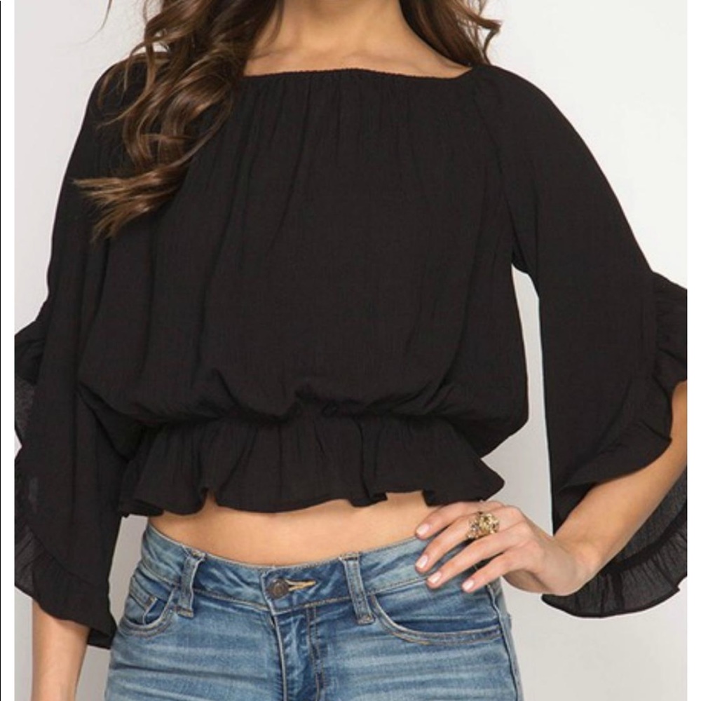 She and sky off the shoulder top